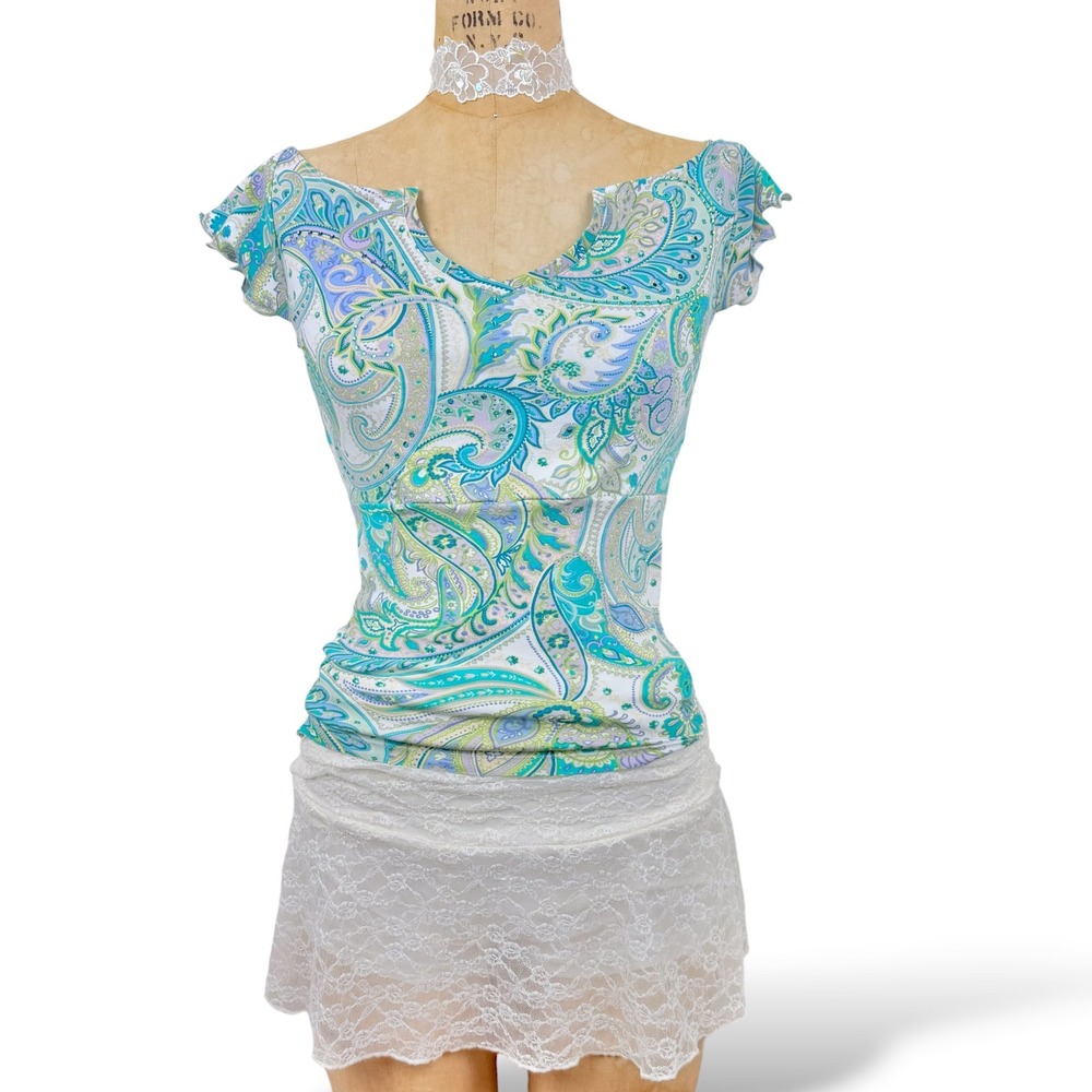 Fairy Womens XS Paisley Ruched Top Off Shoulder Lettuce Trim Boho Y2K